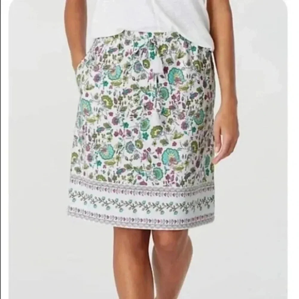 J. JILL White Turquoise Floral Stretch Elastic Waist Drawstring Skirt Size XS